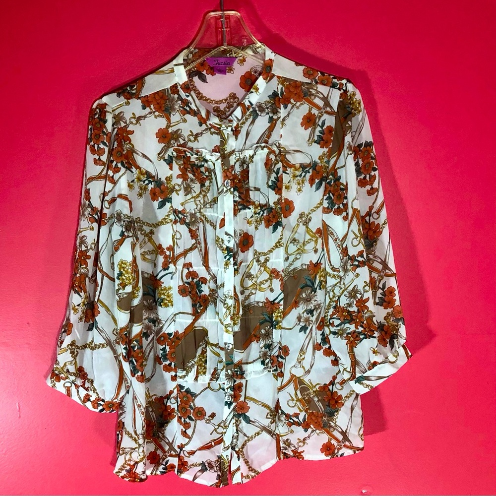Cute White Large Vintage Equestrian Fucsia Blouse Top